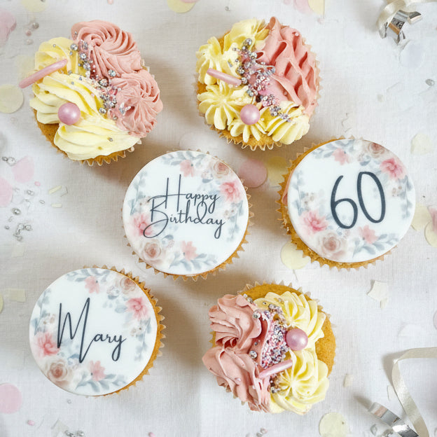Happy Birthday cupcakes with buttercream and festive toppers for delivery in Basildon Essex