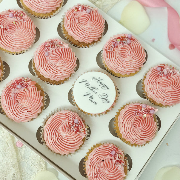 Pink custom cupcakes with personalised toppers and photo logos for delivery in Basildon Essex