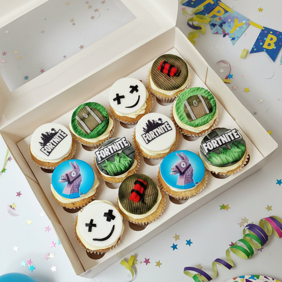 Fortnite themed birthday cupcakes with personalised toppers for delivery in Basildon Essex