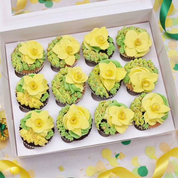 Daffodil cupcakes with yellow and green buttercream for delivery in Basildon Essex