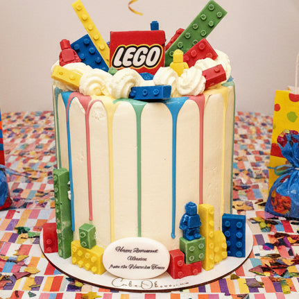 Lego themed birthday cake made in Basildon Essex with building block design