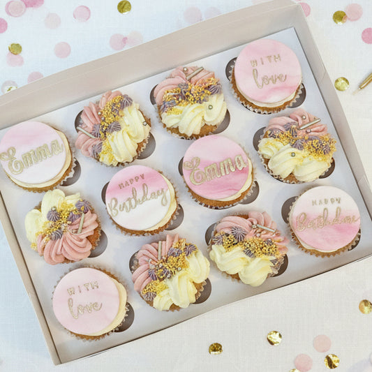 Pink, white, and lavender cupcakes with gold toppers for delivery in Basildon Essex