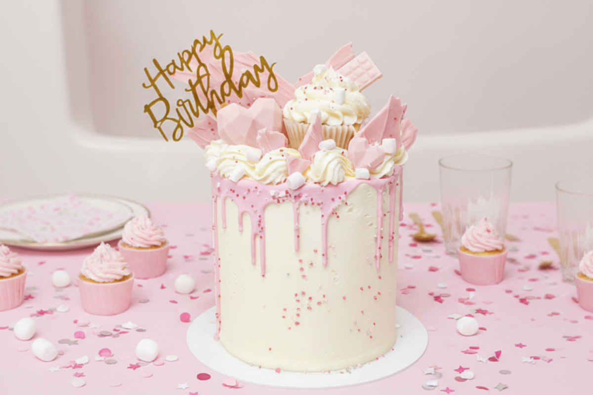 Pink Drip Celebration Cake with smooth white buttercream, pink chocolate drip, and stylish decorative details, handmade and personalised, perfect for birthdays, baby showers, and special occasions, available for delivery in Basildon and Essex.