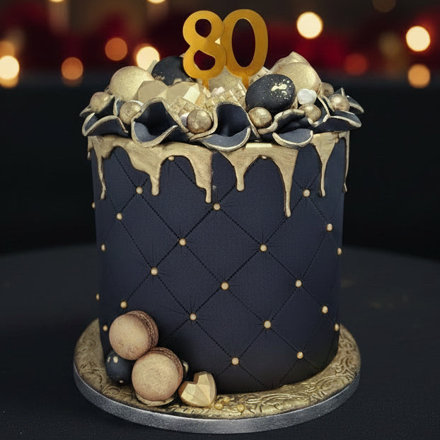 A luxury-style birthday cake in black and gold. Gold drip icing, and gold and black decorative toppers on top.