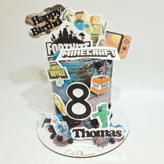 Card with 'Happy Birthday' and 'Minecraft' design, featuring various gaming elements on a white background.