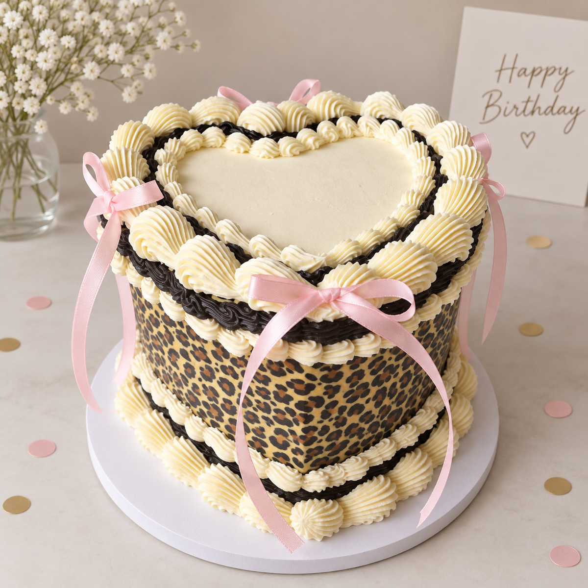 Leopard print heart birthday cake with pink bows and piped buttercream decoration made to order in Essex.