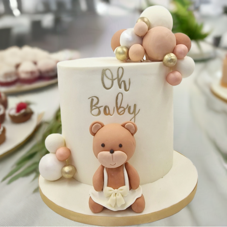 Gender neutral teddy bear baby shower cake made in Basildon Essex for baby celebration