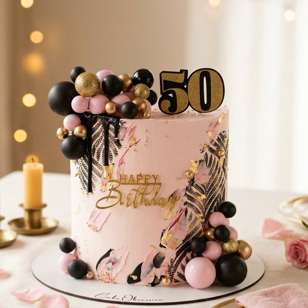 A pink frosted birthday cake decorated with black and gold balloon clusters, gold leaf accents, a gold 'Happy Birthday' script, and a large gold '50' topper, set on a table with a candle and soft bokeh lights in the background.