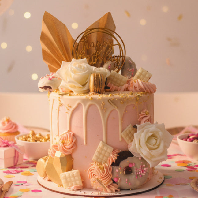 Pink Elegance Celebration Cake with golden fans, silk roses, white chocolate drip, golden macarons, and heart-shaped accent, handmade and personalised, perfect for birthdays, anniversaries, and romantic celebrations, available for delivery in Basildon and Essex.