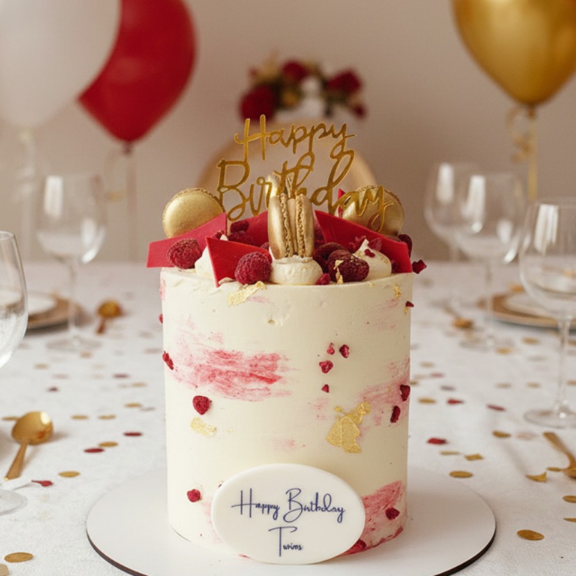 Raspberry & Macaron Birthday Cake with smooth white buttercream, vibrant red accents, fresh raspberries, and delicate macarons, handmade and personalised, perfect for birthdays and elegant celebrations, available for delivery in Basildon and Essex.