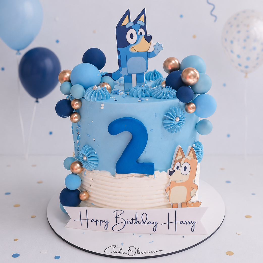 Bluey birthday cake Essex – personalised 2nd birthday cake with Bluey theme and blue buttercream decorations – custom children's birthday cake delivered in Basildon, Billericay, Brentwood and across Essex