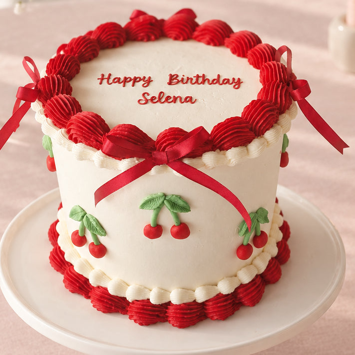Cherry-themed cake with red and white piping, silk bows, and personalised message on top.
