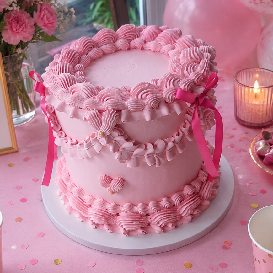 Pink vintage buttercream birthday cake with piped ruffles and satin bows by CakeObsession in Essex
