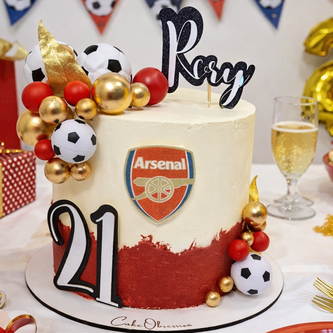 Arsenal 21st birthday cake with red buttercream finish, football decorations and personalised name topper, custom birthday cake in Basildon Essex