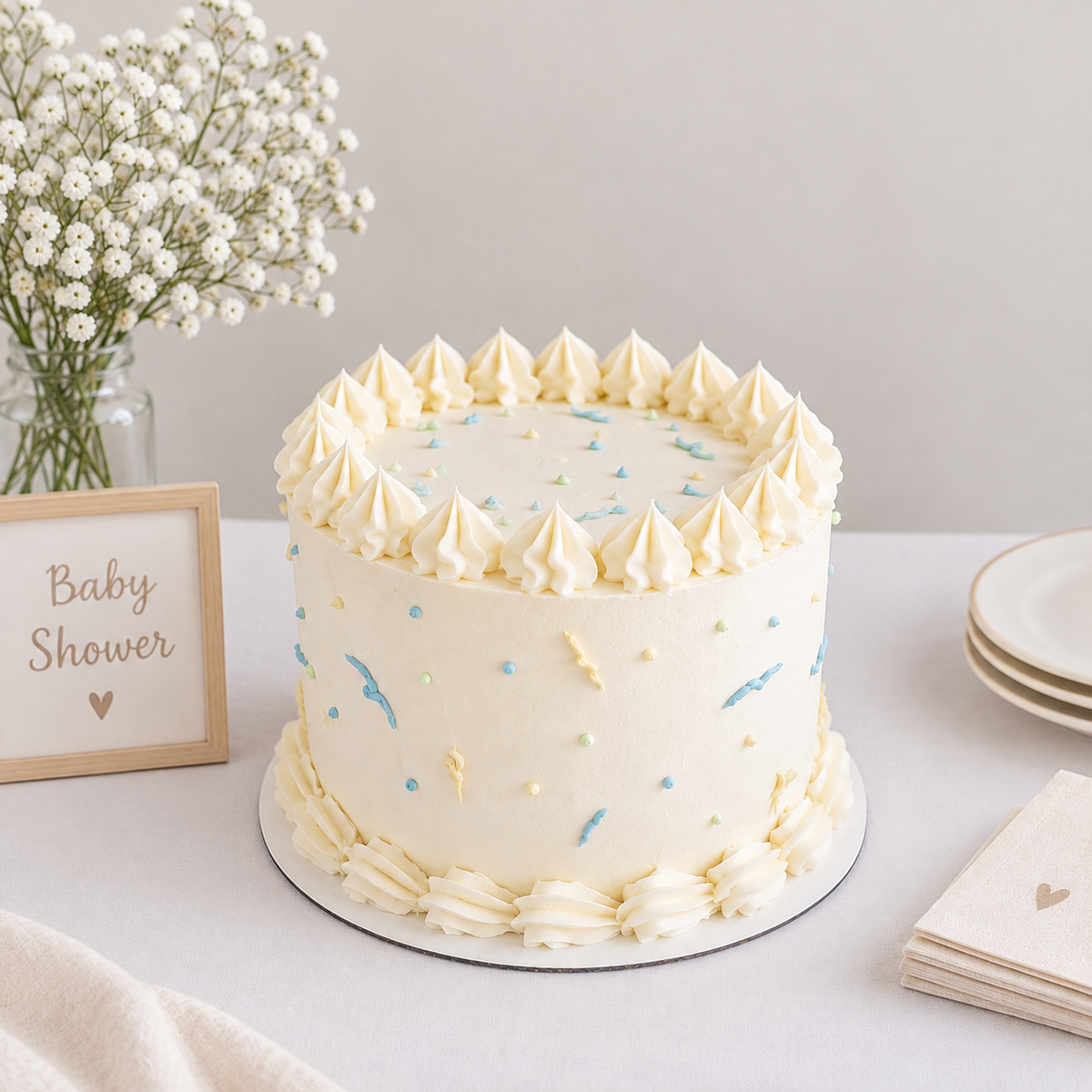 Small pastel celebration cake with ivory buttercream, delicate blue, mint and yellow decorations