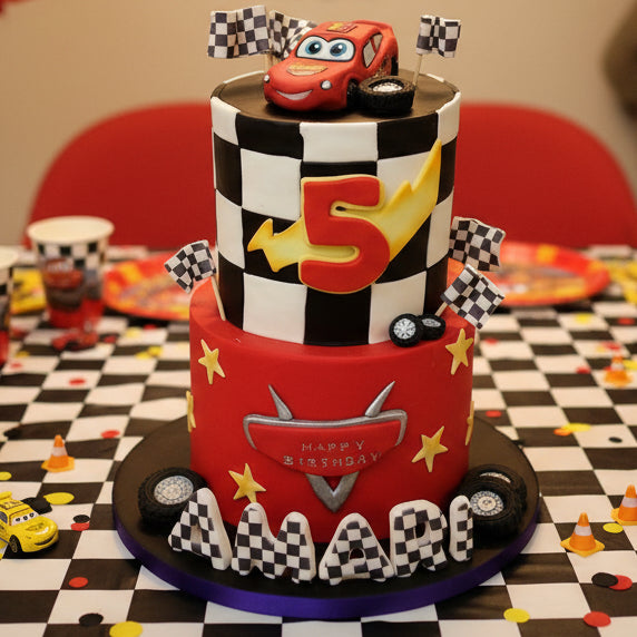 Lightning McQueen birthday cake inspired by Cars movie, personalised with name and age, cake delivery Basildon Essex