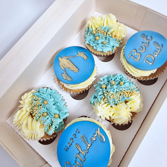 Best Dad cupcakes with golden toppers and blue buttercream for delivery in Basildon Essex