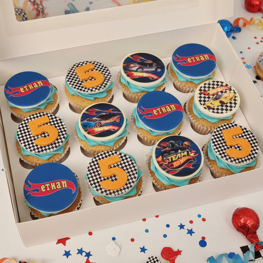 Hot Wheels themed cupcakes with personalised toppers for delivery in Basildon Essex