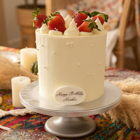 Fresh Strawberry Celebration Cake with smooth white buttercream and fresh strawberries on top, handmade and personalised, perfect for birthdays, gatherings, and special occasions, available for delivery in Basildon and Essex.