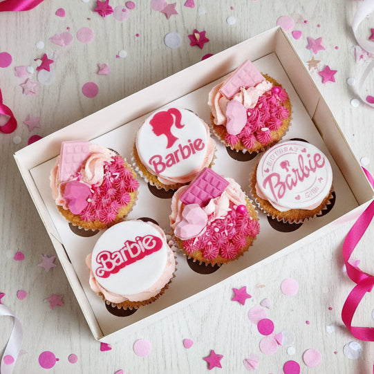 Pink Barbie themed birthday cupcakes personalised with name and age for delivery in Basildon Essex