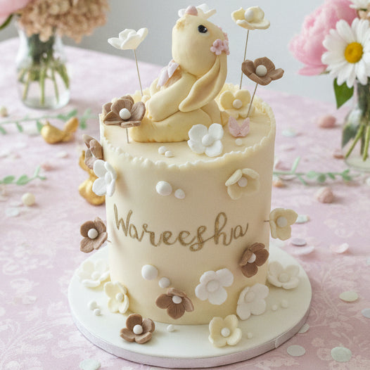 Bunny and floral cake made in Basildon Essex with edible flowers for celebration