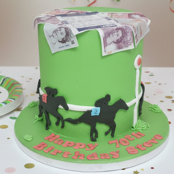 Horse racing themed birthday cake made in Basildon Essex with betting slip topper