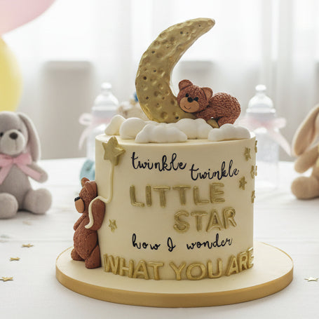 Golden moon baby shower cake made in Basildon Essex with teddy bears for gender neutral baby celebration