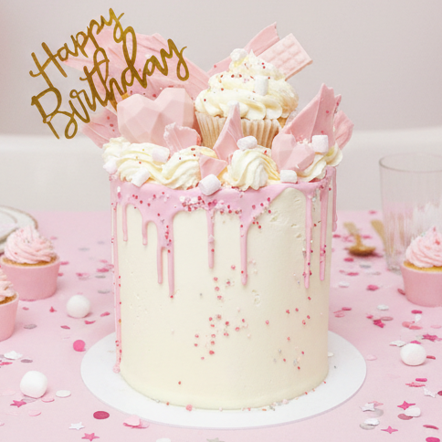 Pink Drip Celebration Cake with smooth white buttercream, pink chocolate drip, and stylish decorative details, handmade and personalised, perfect for birthdays, baby showers, and special occasions, available for delivery in Basildon and Essex.