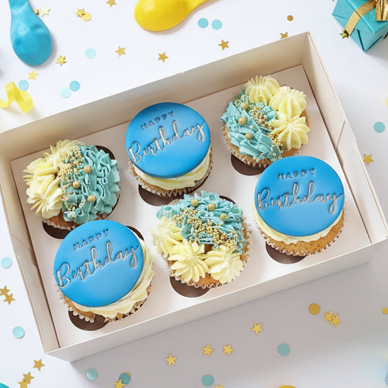 Happy Birthday cupcakes with buttercream and festive toppers for delivery in Basildon Essex