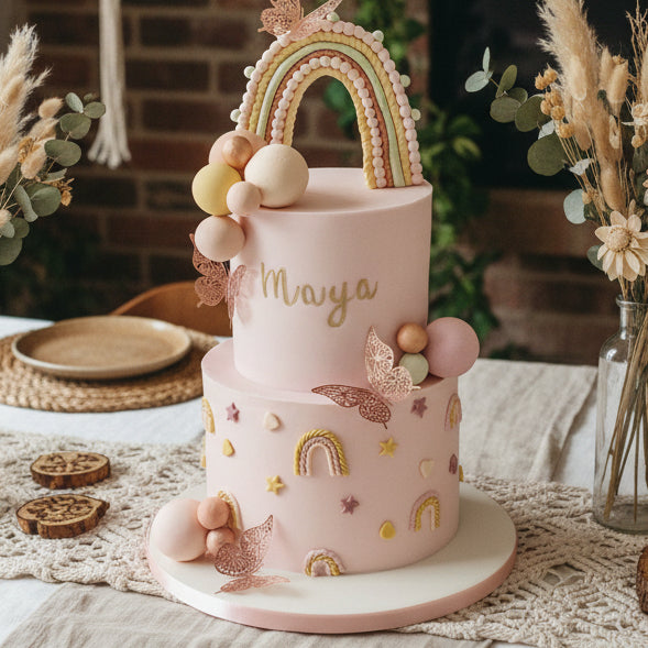 Boho baby shower cake made in Basildon Essex with rainbow decoration