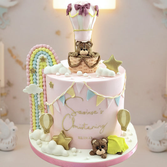 Christening cake with teddy bears and rainbow made in Basildon Essex