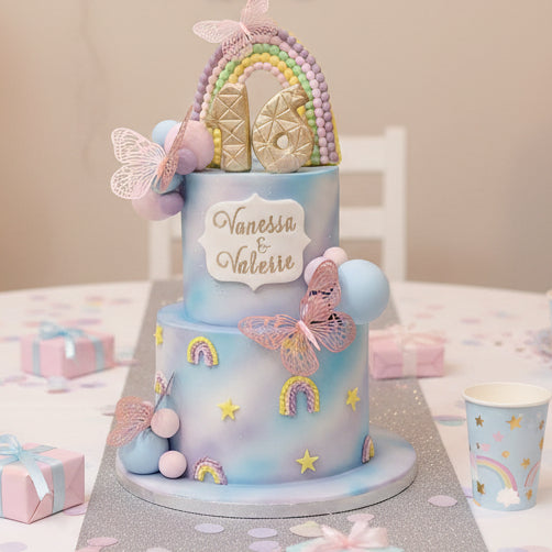 Rainbow and butterfly birthday cake made in Basildon Essex for kids celebration