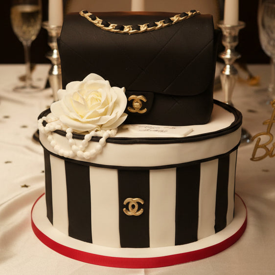 Chanel inspired cake with black and white stripes made in Basildon Essex for luxury celebration