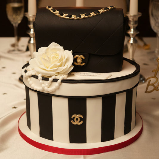 Chanel inspired cake with black and white stripes made in Basildon Essex for luxury celebration