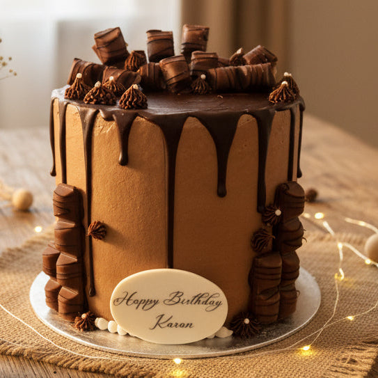 Kinder Bueno Chocolate Drip Cake with chocolate sponge, chocolate buttercream, chocolate drip, and Kinder Bueno bars on top, handmade and personalised, perfect for birthdays, anniversaries, and chocolate lovers, available for delivery in Basildon and Essex.