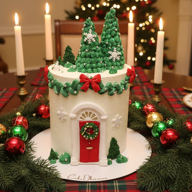 Elegant Christmas Celebration Cake with smooth white buttercream, festive door with wreath, and detailed Christmas trees on top, handmade and perfect for Christmas celebrations or gifting, available for delivery in Basildon and Essex.