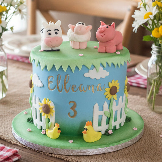 Farm themed birthday cake made in Basildon Essex with edible farm animals