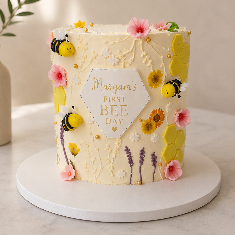A decorated birthday cake for a first bee, featuring yellow and black bumblebees, pink and yellow flowers, honeycomb patterns, and a central diamond plaque that reads 'Maryam's FIRST BEE DAY'. The cake is decorated with white frosting and sits on a round white cake stand.