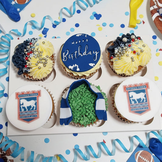 Football themed cupcakes in Basildon Essex, personalised with favourite football team, buttercream decorated cupcakes for birthdays and events.