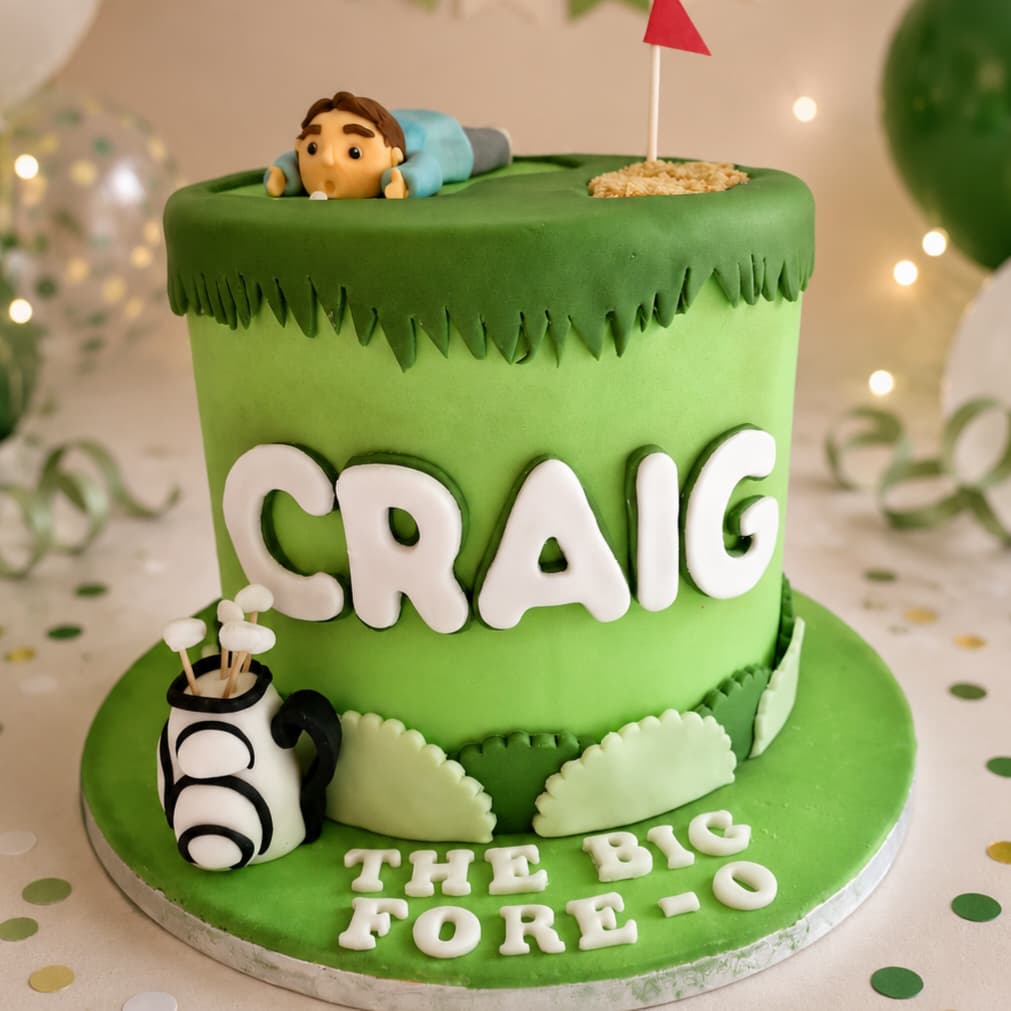 A custom green fondant cake designed like a golf course, with the name 'CRAIG' in large white letters on the side, a small golf ball and club decoration, a mini flag, and 'THE BIG FORE-O' written on the base. A small figurine is visible at the top edge.