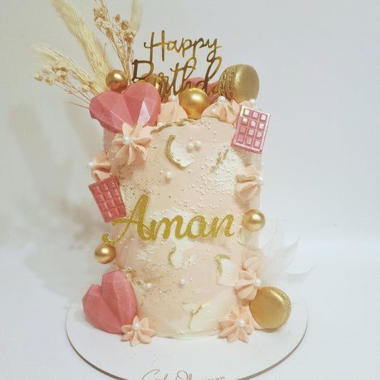 Decorative birthday cake with 'Happy Birthday', featuring gold and pink elements on a white background.