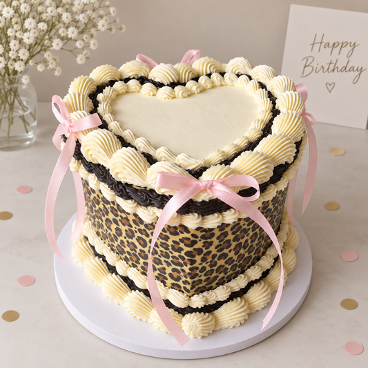 Leopard print heart birthday cake with pink bows and piped buttercream decoration made to order in Essex.