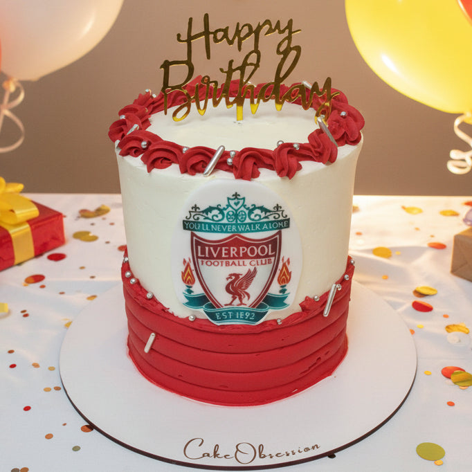 Liverpool Football Birthday Cake in white and red buttercream with the Liverpool FC logo, handmade and personalised, perfect for birthdays, match-day parties, and Liverpool fan celebrations, available for delivery in Basildon and Essex.