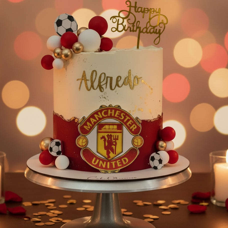 A custom birthday cake designed to look like a Manchester United football club jersey, mounted on a black and silver rotating display stand. 