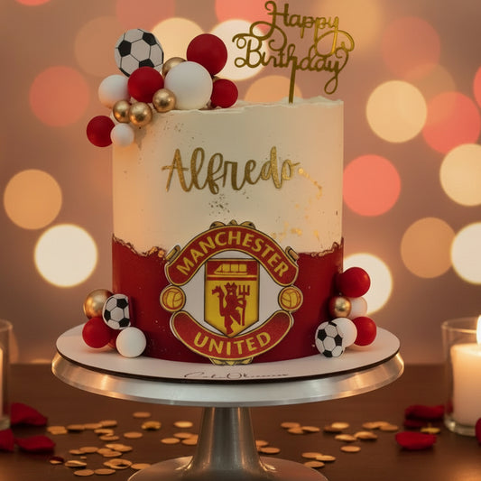 A custom birthday cake designed to look like a Manchester United football club jersey, mounted on a black and silver rotating display stand. 
