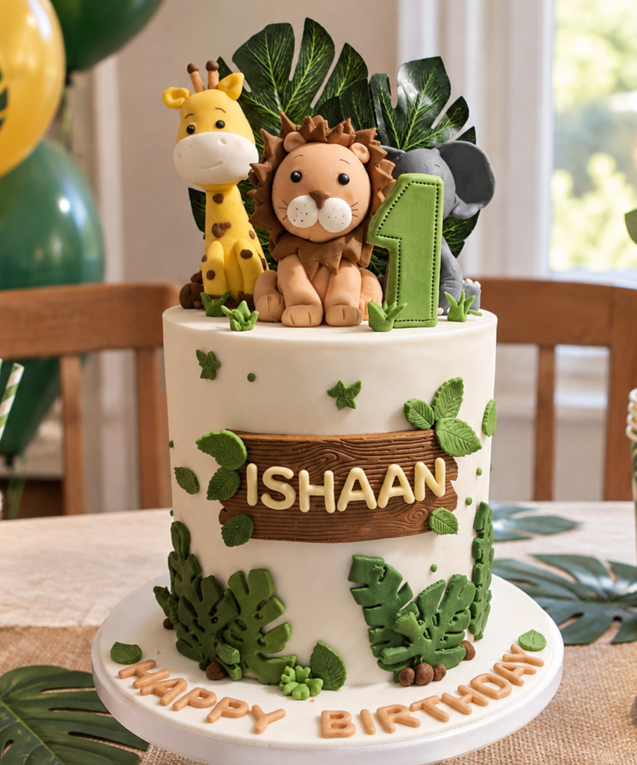 A custom jungle-themed first birthday cake for a child named Ishaan, decorated with fondant safari animals (giraffe, lion, elephant), a green number 1 topper, and jungle leaf accents on a white base.