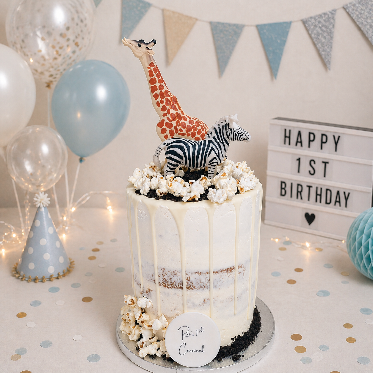 Safari themed cake with animals. Ideal for 1st birthdays. Delivery in Basildon and across Essex