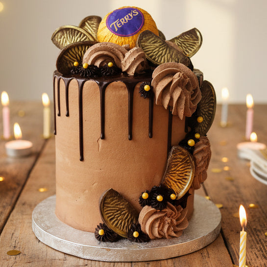 Terry’s Chocolate Orange Celebration Cake with rich chocolate sponge, chocolate drip, golden-coated chocolates, and full Terry’s Chocolate Orange on top, handmade and personalised, perfect for birthdays and chocolate lovers, available for delivery in Basildon and Essex.