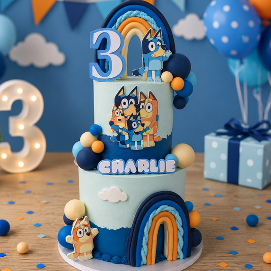 Bluey themed birthday cake with rainbow topper and personalised name decoration by CakeObsession in Basildon Essex