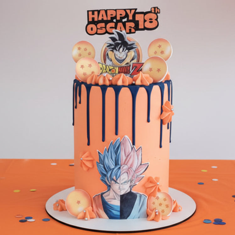 Dragon Ball Z birthday cake Basildon Essex, custom anime cake with Goku design and drip finish, personalised 18th birthday cake delivery Essex